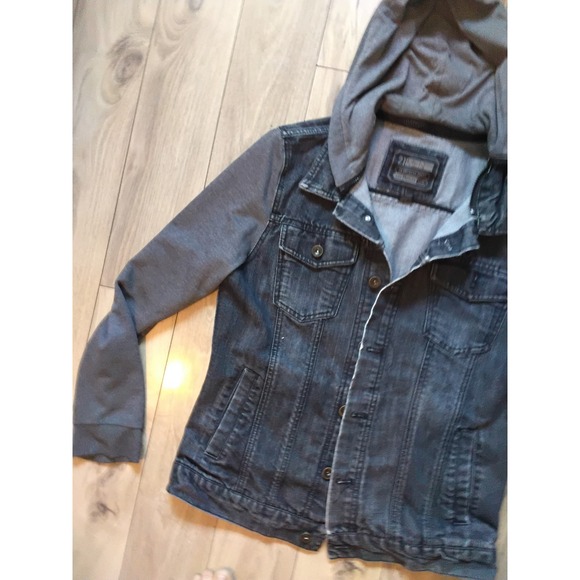 21MEN‎ Denim Jacket with Jersey Knit Hooded Sleeves - Men's Casual Stylish - Picture 5 of 9